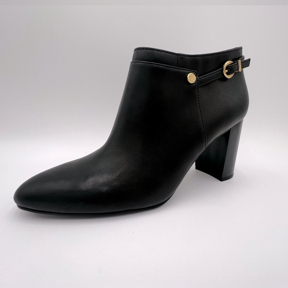 Womens Vince Camuto Coorin Buckle and Logo Detail Side Zip Black Booties